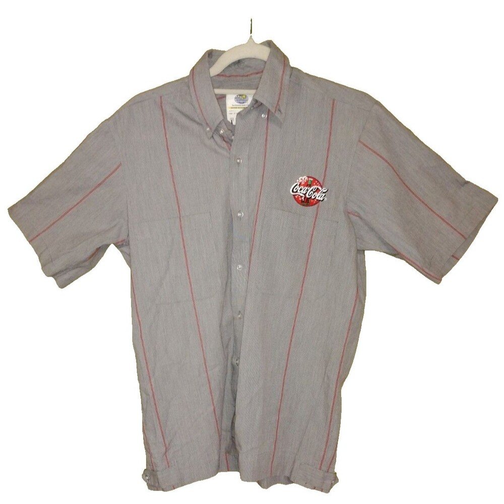 Coca-Cola Shirt Mens Medium Gray Red Striped Short Sleeve Button Down half belt